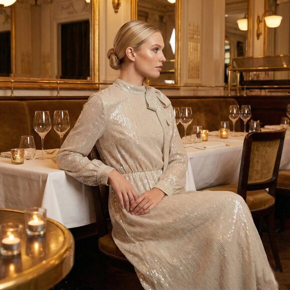 Elegant Champagne Sequin Midi Dress Long Sleeve Premium Style - Picture 4 of 13